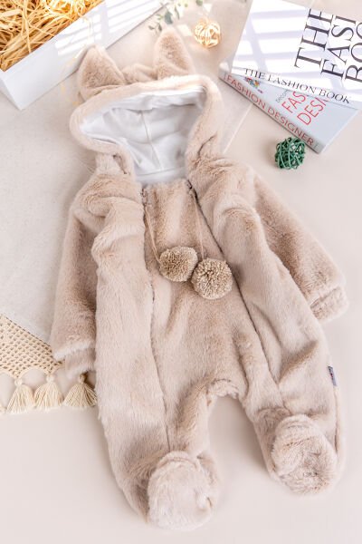 Kışlık Peluş Welsoft  Penye Astarlı Pamuklu Kız Erkek Bebek Tulum BEJ -  0-3 AY