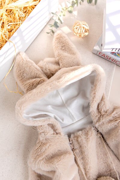 Kışlık Peluş Welsoft  Penye Astarlı Pamuklu Kız Erkek Bebek Tulum BEJ -  0-3 AY
