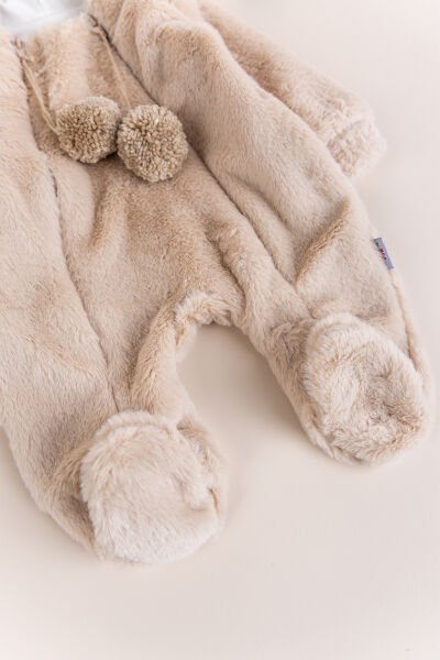 Kışlık Peluş Welsoft  Penye Astarlı Pamuklu Kız Erkek Bebek Tulum BEJ -  0-3 AY