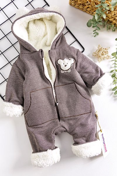 Ayıcık Figürlü İçi Peluş Erkek Bebek Tulum