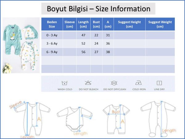 Zürafa Figürlü Uzun Kollu İkili Bebek Tulum YEŞİL - 3-6 AY
