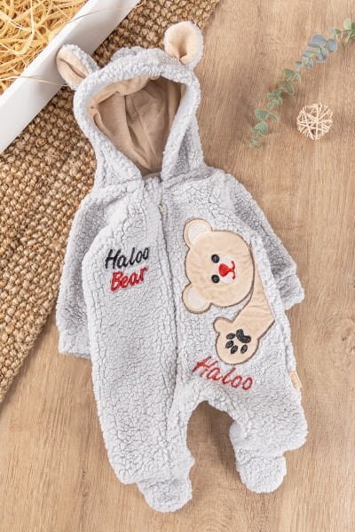 Ayıcık Figürlü Kapüşonlu Kışlık Welsoft Bebek Tulum GRİ -  9-12 AY