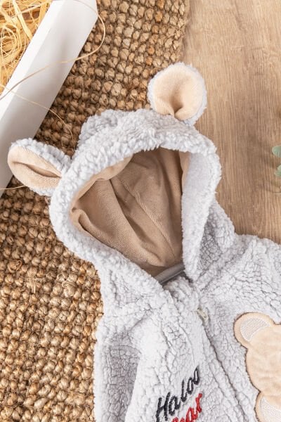 Ayıcık Figürlü Kapüşonlu Kışlık Welsoft Bebek Tulum GRİ -  9-12 AY