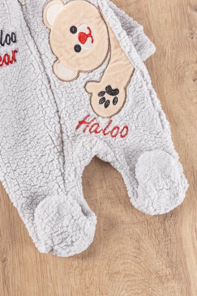 Ayıcık Figürlü Kapüşonlu Kışlık Welsoft Bebek Tulum GRİ -  9-12 AY