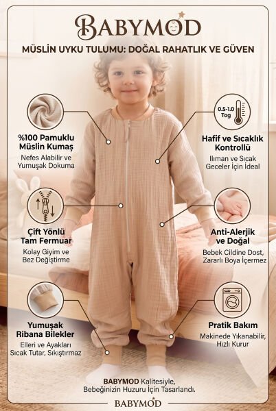 Müslin Uyku Tulumu 1.0 Tog Çocuk Yazlık Uyku Tulumu Uyku Gurusu %100Pamuk Doğal Kumaş BEJ - 6-7 Yaş