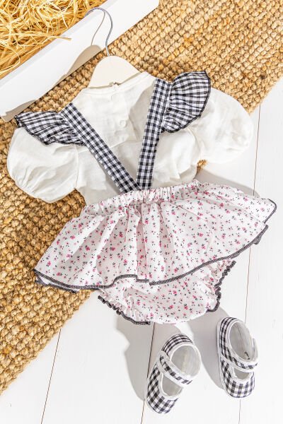 Çiçek Desenli Fırfırlı Kız Bebek Tulum Salopet Takım