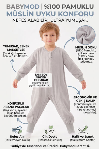 Müslin Uyku Tulumu 1.0 Tog Çocuk Yazlık Uyku Tulumu Uyku Gurusu %100Pamuk Doğal Kumaş GRİ - 3-4 Yaş