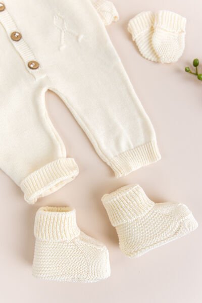 Triko Kız Bebek Hastane Çıkışı  Hediyelik Bebek Seti KREM -  0-3 AY