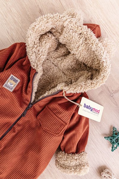 Ayıcık Figürlü Kadife İçi Peluş Erkek Bebek Tulum Tarçın  -  6-9 AY