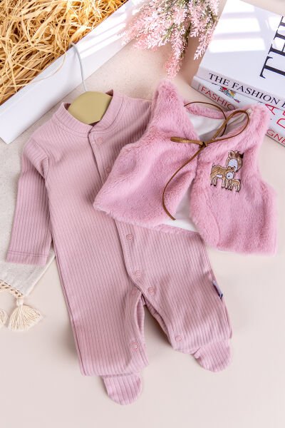 Peluş Yelekli Pamuklu İkili Kız Bebek Tulum Set Gül kurusu -  0-3 AY