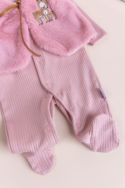 Peluş Yelekli Pamuklu İkili Kız Bebek Tulum Set Gül kurusu -  0-3 AY