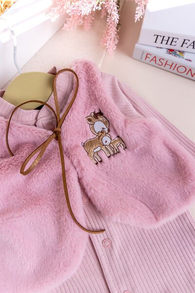 Peluş Yelekli Pamuklu İkili Kız Bebek Tulum Set Gül kurusu -  0-3 AY