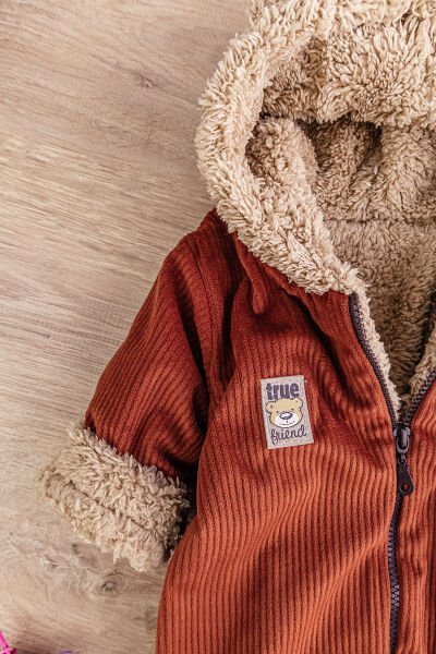 Ayıcık Figürlü Kadife İçi Peluş Erkek Bebek Tulum Tarçın  -  12-18 AY