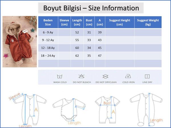 Ayıcık Figürlü Kadife İçi Peluş Erkek Bebek Tulum Tarçın  -  12-18 AY