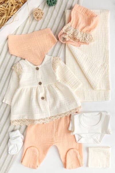 Müslin %100 Pamuklu 8 li Kız Bebek Hastane Çıkışı Bebek takımı Yeni Doğan Set