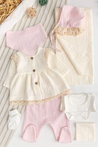 Müslin %100 Pamuklu 8 li Kız Bebek Hastane Çıkışı Bebek takımı Yeni Doğan Set