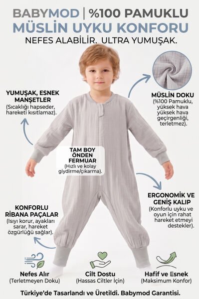 Müslin Uyku Tulumu 1.0 Tog Çocuk Yazlık Uyku Tulumu Uyku Gurusu %100Pamuk Doğal Kumaş GRİ - 6-7 Yaş