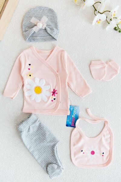Papatya Desenli 5'li Kız Bebek Hastane Çıkışı Zıbın Seti Layette