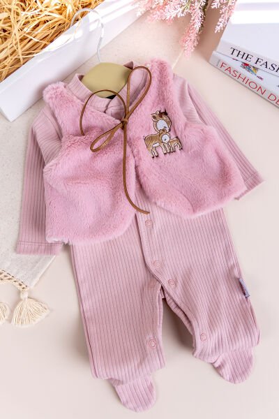 Peluş Yelekli Pamuklu İkili Kız Bebek Tulum Set Gül kurusu - 3-6 AY