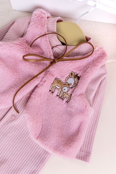 Peluş Yelekli Pamuklu İkili Kız Bebek Tulum Set Gül kurusu - 3-6 AY