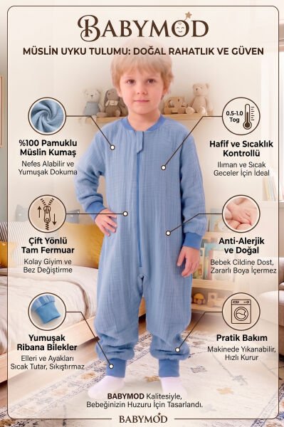 Müslin Uyku Tulumu 1.0 Tog Çocuk Yazlık Uyku Tulumu Uyku Gurusu %100Pamuk Doğal Kumaş MAVİ -  1-2 Yaş
