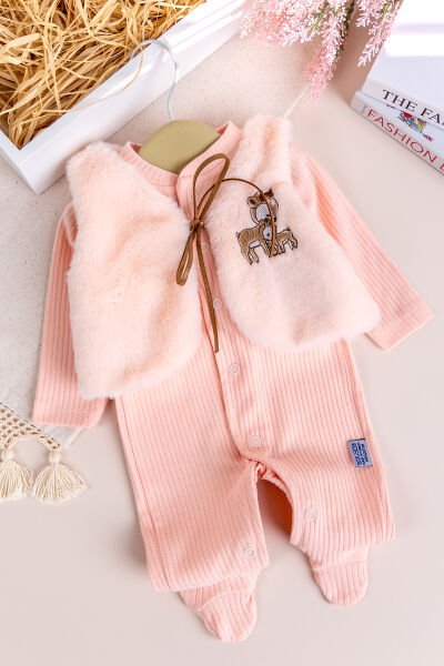 Peluş Yelekli Pamuklu İkili Kız Bebek Tulum Set SOMON -  0-3 AY