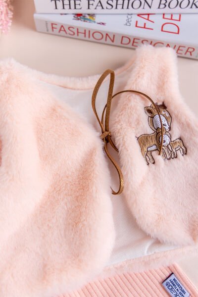 Peluş Yelekli Pamuklu İkili Kız Bebek Tulum Set SOMON -  0-3 AY