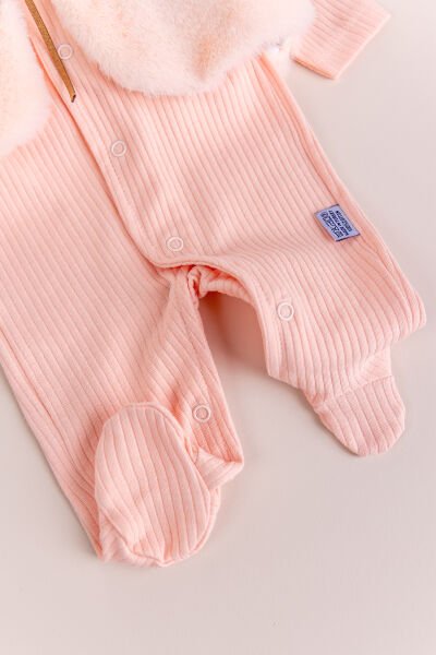 Peluş Yelekli Pamuklu İkili Kız Bebek Tulum Set SOMON -  0-3 AY