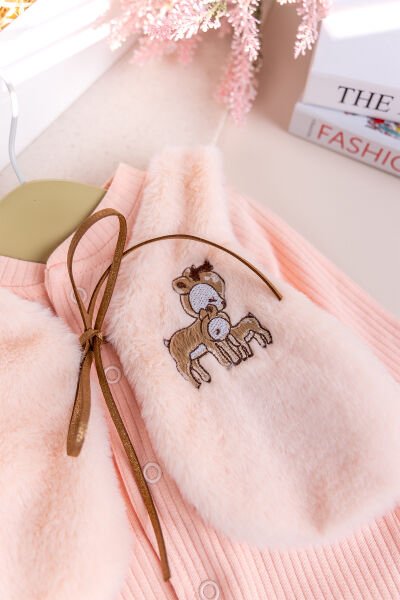Peluş Yelekli Pamuklu İkili Kız Bebek Tulum Set SOMON -  0-3 AY