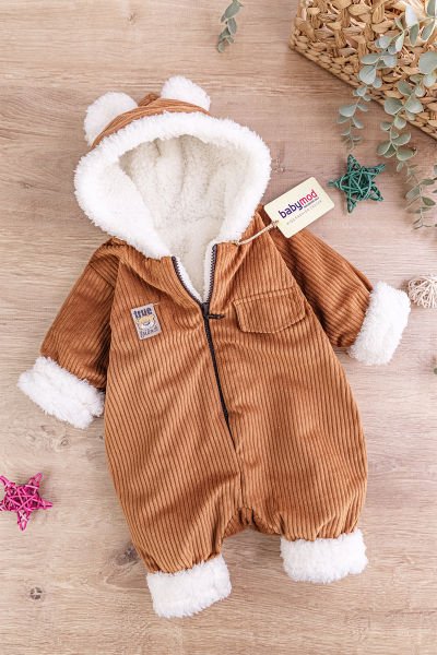 Ayıcık Figürlü Kadife İçi Peluş Erkek Bebek Tulum KAHVERENGİ -  6-9 AY