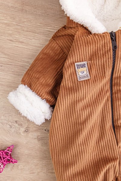 Ayıcık Figürlü Kadife İçi Peluş Erkek Bebek Tulum KAHVERENGİ -  6-9 AY
