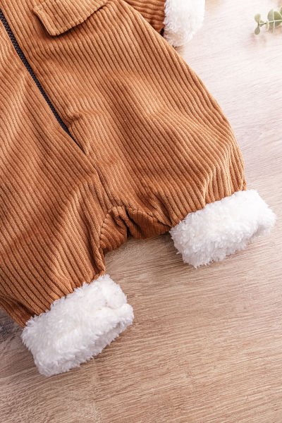 Ayıcık Figürlü Kadife İçi Peluş Erkek Bebek Tulum KAHVERENGİ -  6-9 AY