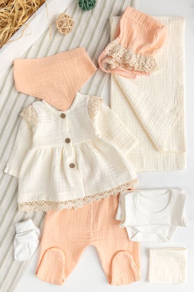 Müslin %100 Pamuklu 8 li Kız Bebek Hastane Çıkışı Bebek takımı Yeni Doğan Set SOMON -  0-3 AY