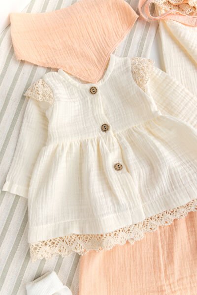 Müslin %100 Pamuklu 8 li Kız Bebek Hastane Çıkışı Bebek takımı Yeni Doğan Set SOMON -  0-3 AY