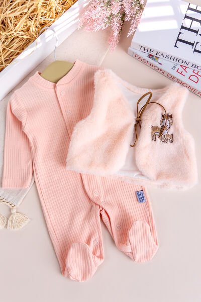 Peluş Yelekli Pamuklu İkili Kız Bebek Tulum Set SOMON - 3-6 AY