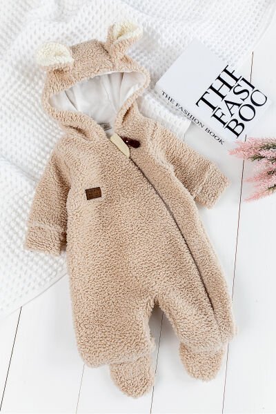 Kapüşonlu Welsoft Peluş Kışlık Kız/Erkek Bebek Tulum BEJ -  0-3 AY