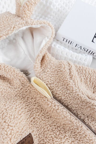 Kapüşonlu Welsoft Peluş Kışlık Kız/Erkek Bebek Tulum BEJ -  0-3 AY