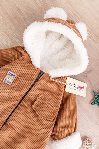 Ayıcık Figürlü Kadife İçi Peluş Erkek Bebek Tulum KAHVERENGİ - 18-24 AY