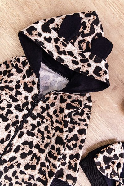 Leopar Baskılı Şapkalı Kız Bebek Tulum Takım