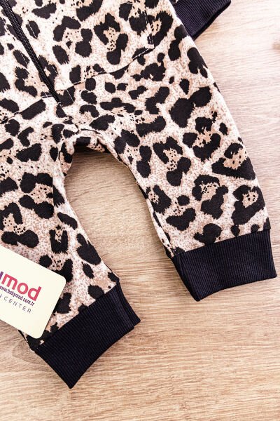 Leopar Baskılı Şapkalı Kız Bebek Tulum Takım