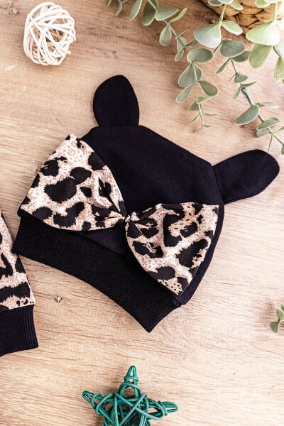 Leopar Baskılı Şapkalı Kız Bebek Tulum Takım