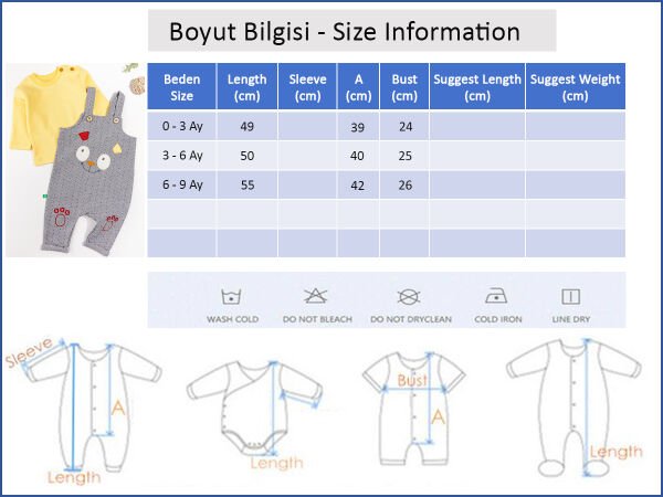 Figürlü Erkek Bebek Tulum Salopet Takım SARI -  0-3 AY
