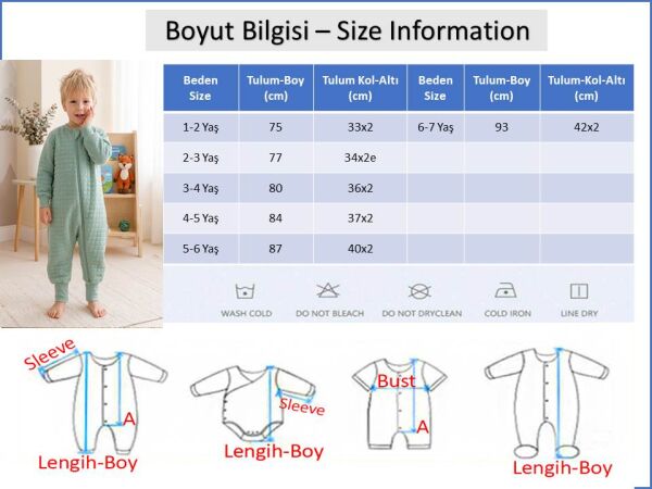 Mevsimlik Kapitone  1.5 Tog Çocuk Uyku Tulumu Uyku Gurusu  %100 Pamuk Kumaş YEŞİL - 2-3 Yaş