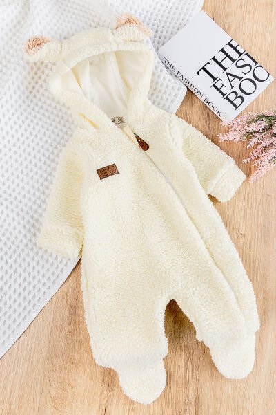 Kapüşonlu Welsoft Peluş Kışlık Kız/Erkek Bebek Tulum KREM -  9-12 AY