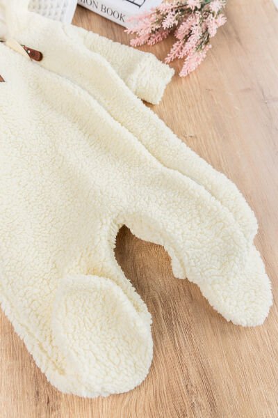 Kapüşonlu Welsoft Peluş Kışlık Kız/Erkek Bebek Tulum KREM -  9-12 AY