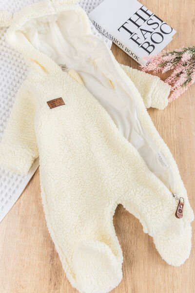 Kapüşonlu Welsoft Peluş Kışlık Kız/Erkek Bebek Tulum KREM -  9-12 AY