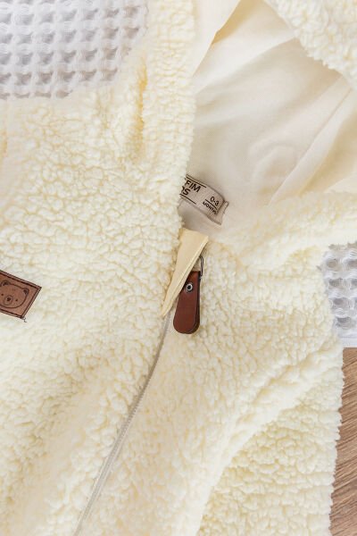 Kapüşonlu Welsoft Peluş Kışlık Kız/Erkek Bebek Tulum KREM -  9-12 AY