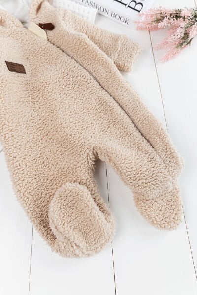 Kapüşonlu Welsoft Peluş Kışlık Kız/Erkek Bebek Tulum BEJ -  6-9 AY