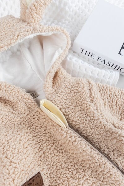 Kapüşonlu Welsoft Peluş Kışlık Kız/Erkek Bebek Tulum BEJ -  6-9 AY