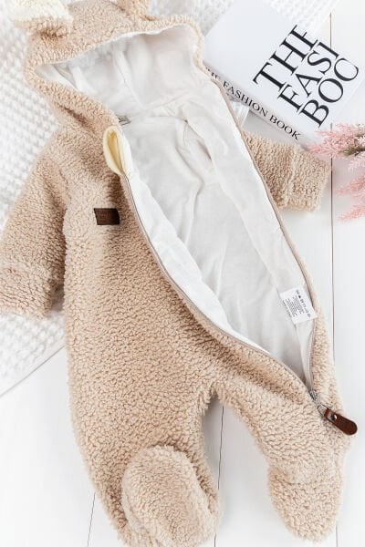 Kapüşonlu Welsoft Peluş Kışlık Kız/Erkek Bebek Tulum BEJ -  6-9 AY